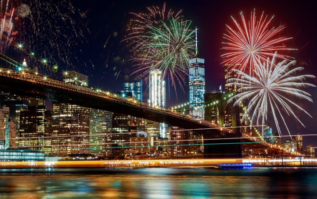 Colorful,Holiday,Fireworks,Panoramic,View,New,York,City,Manhattan,Downtown